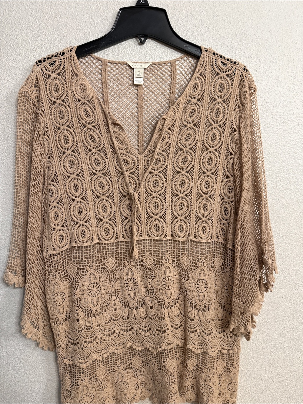 Beige Crochet V-Neck Tunic Top with Tie by